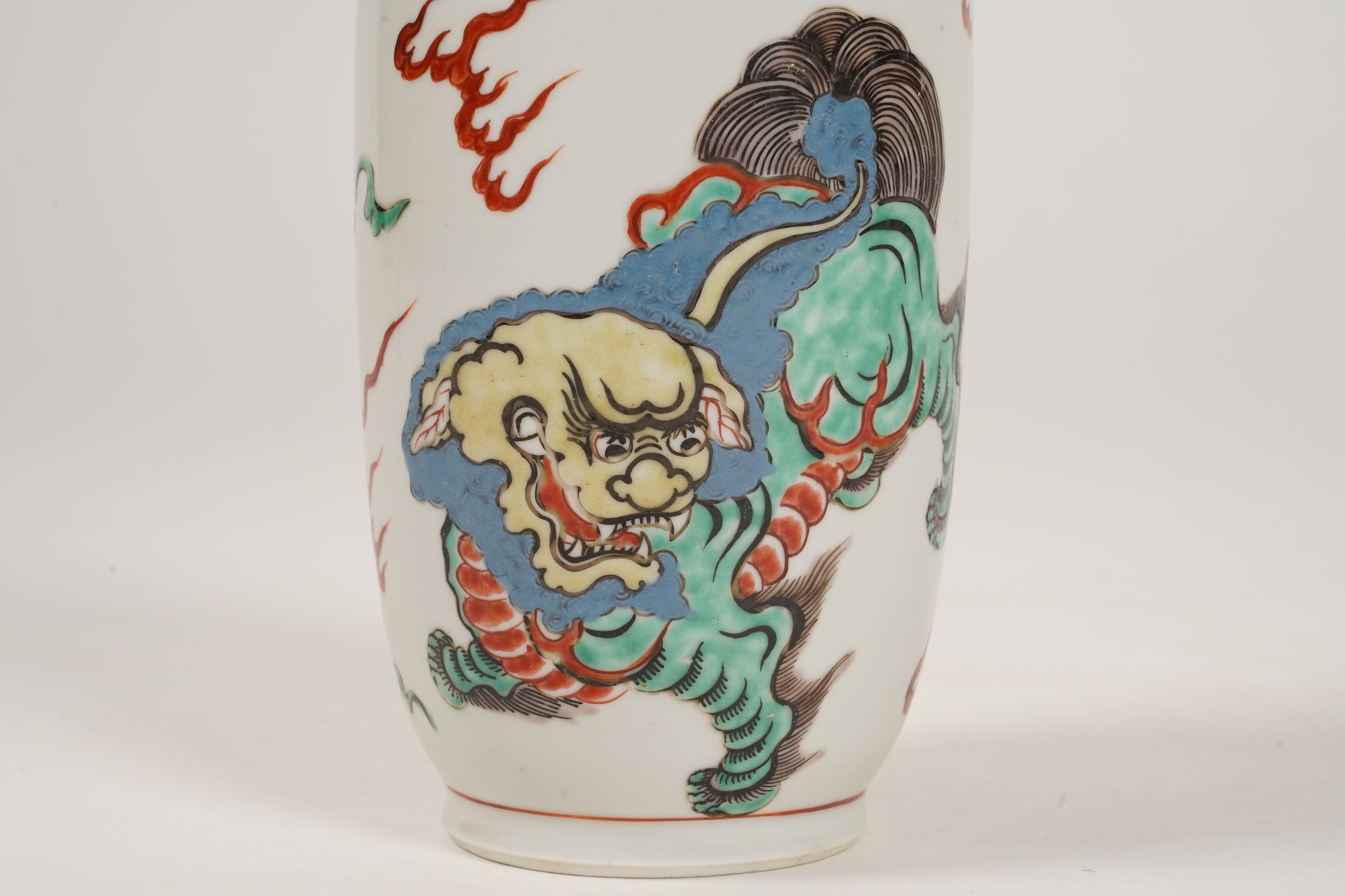 A Chinese famille verte 'Buddhist lion' rouleau vase, probably Kangxi period